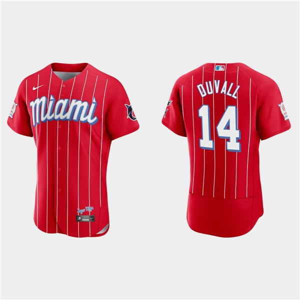 Men's Miami Marlins #14 Adam Duvall Red 2021 City Connect Flex Base Stitched MLB Jersey